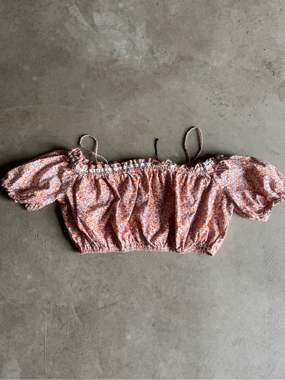 Zara Ditsy Floral Off-Shoulder Crop Top Gathered, lace trim, Pink & Orange S